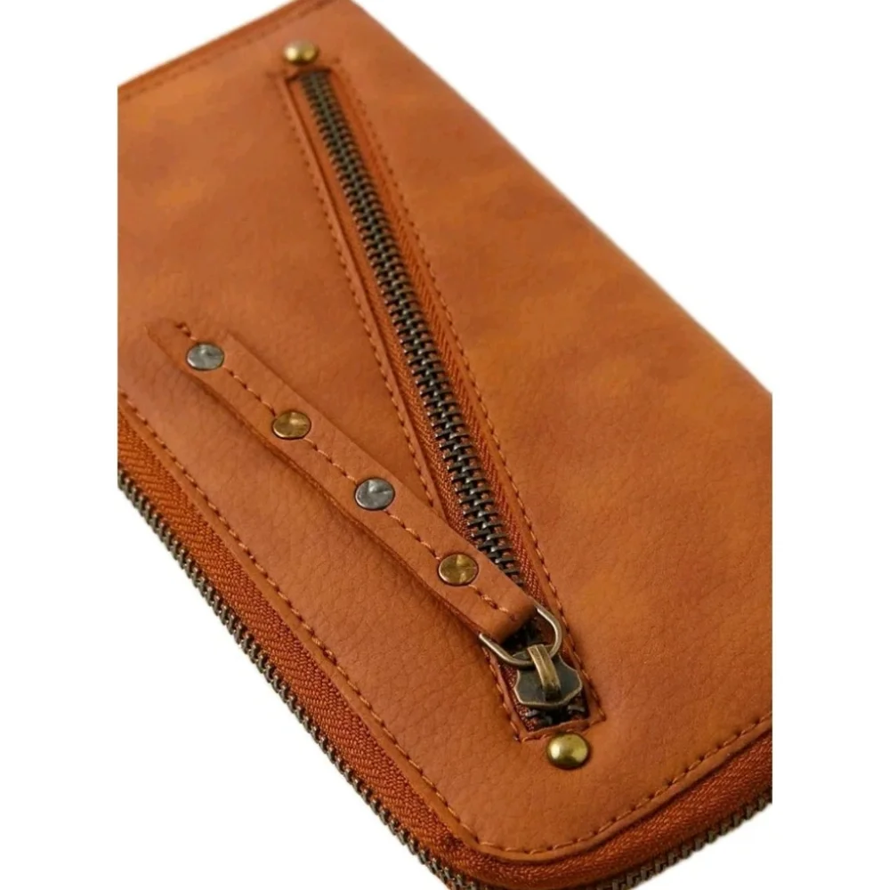 Free People Vegan Leather Long Wallet Zip Around Wristlet Brown Boho Western New